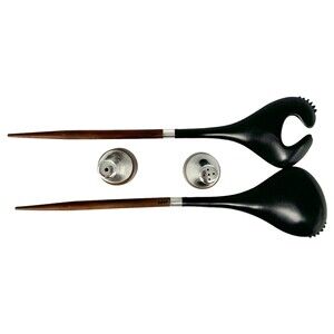 Retro Mid Century Modern Teak Salad Servers Salt Pepper Boxed Set Vtg
